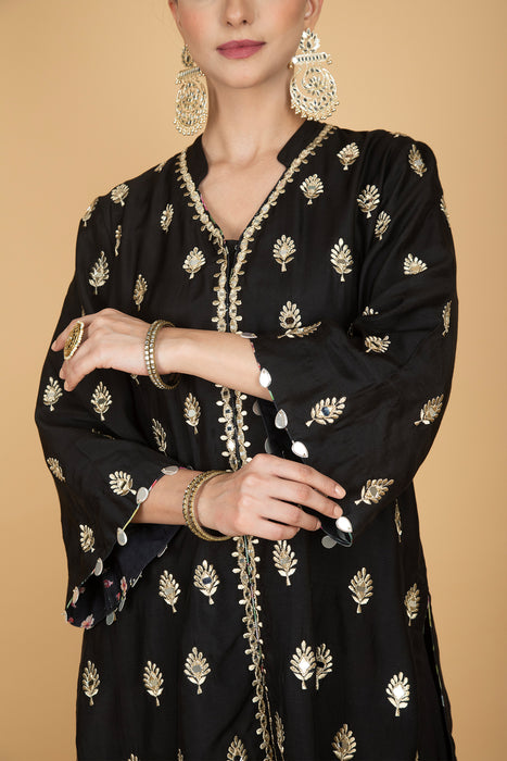 Black Mirror Butti Embroidered Short Kurta with Farsi Salwar & Printed Dupatta