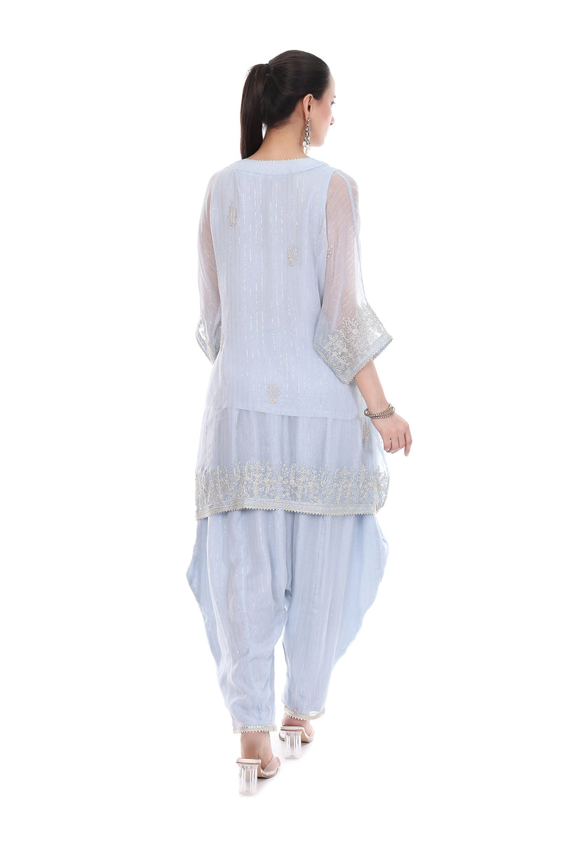 Blue Embroidered High Low Kaftaan  with Heram Pants