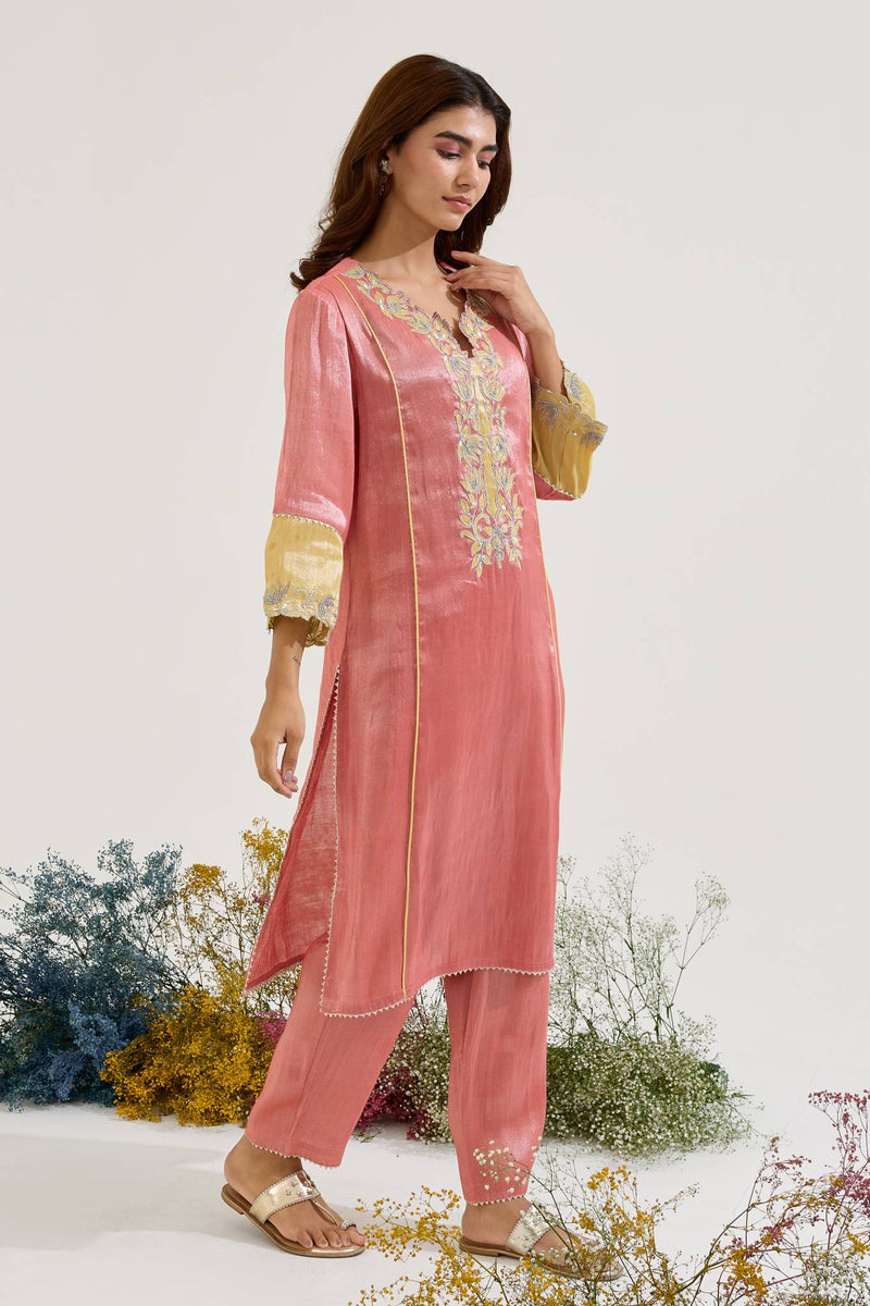 Red Lotus Applique Tissue Kurta with Narrow Pants - Set of 2