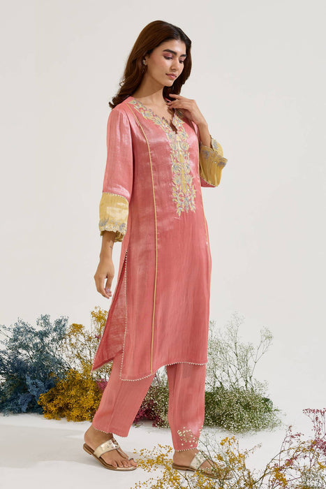 Red Lotus Applique Tissue Kurta with Narrow Pants - Set of 2