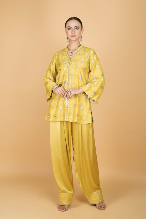 Lime Yellow Mirror Butti Embroidered Short Kurta with Farsi Salwar & Printed Dupatta