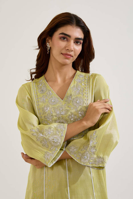 Lime Floral Zari Tissue Anarkali with Narrow Pants - Set of 2