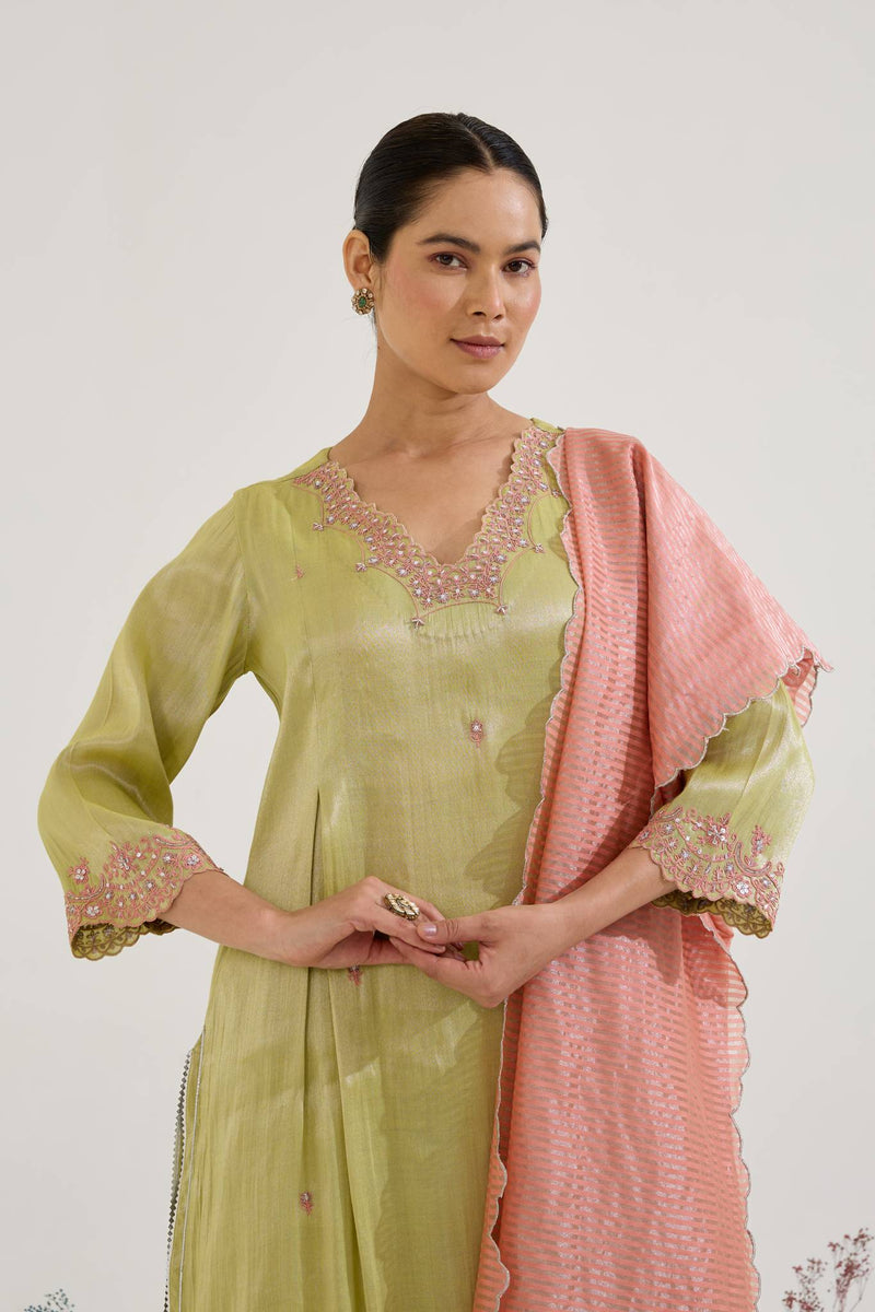 Lime Rose Scallop Chanderi Stripe Dupatta