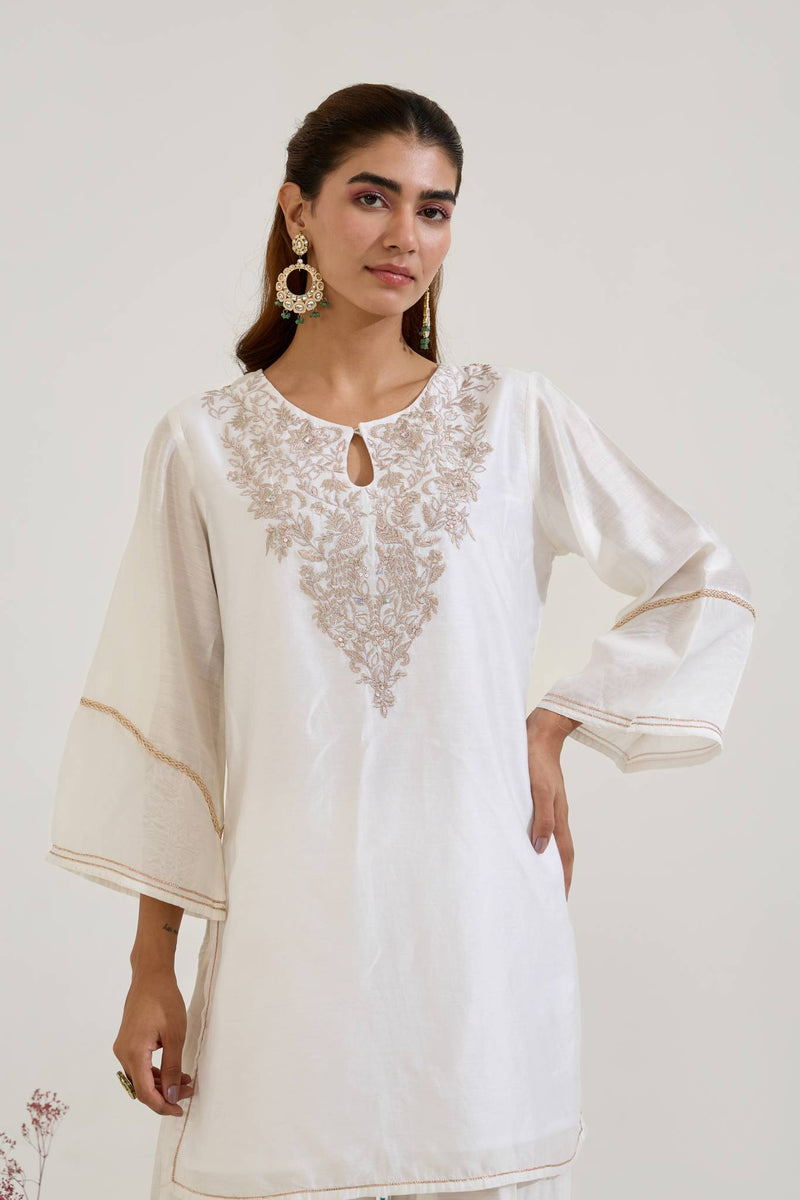 Rosy White Zari Kurta with Farsi Salwar and Dupatta - Set of 3