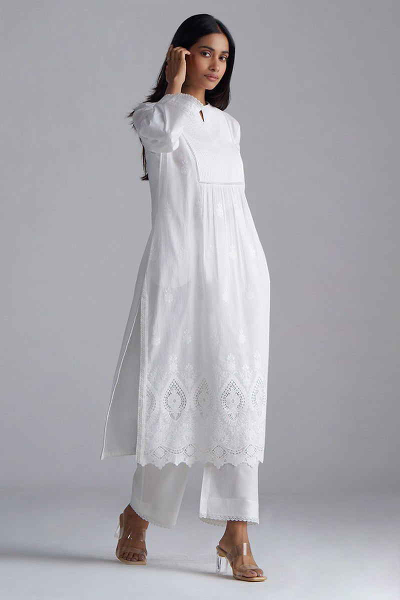 White Mul-Mul Embroidered Kurta Set