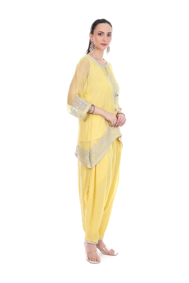 Yellow Embroidered High Low Kaftaan  with Heram Pants