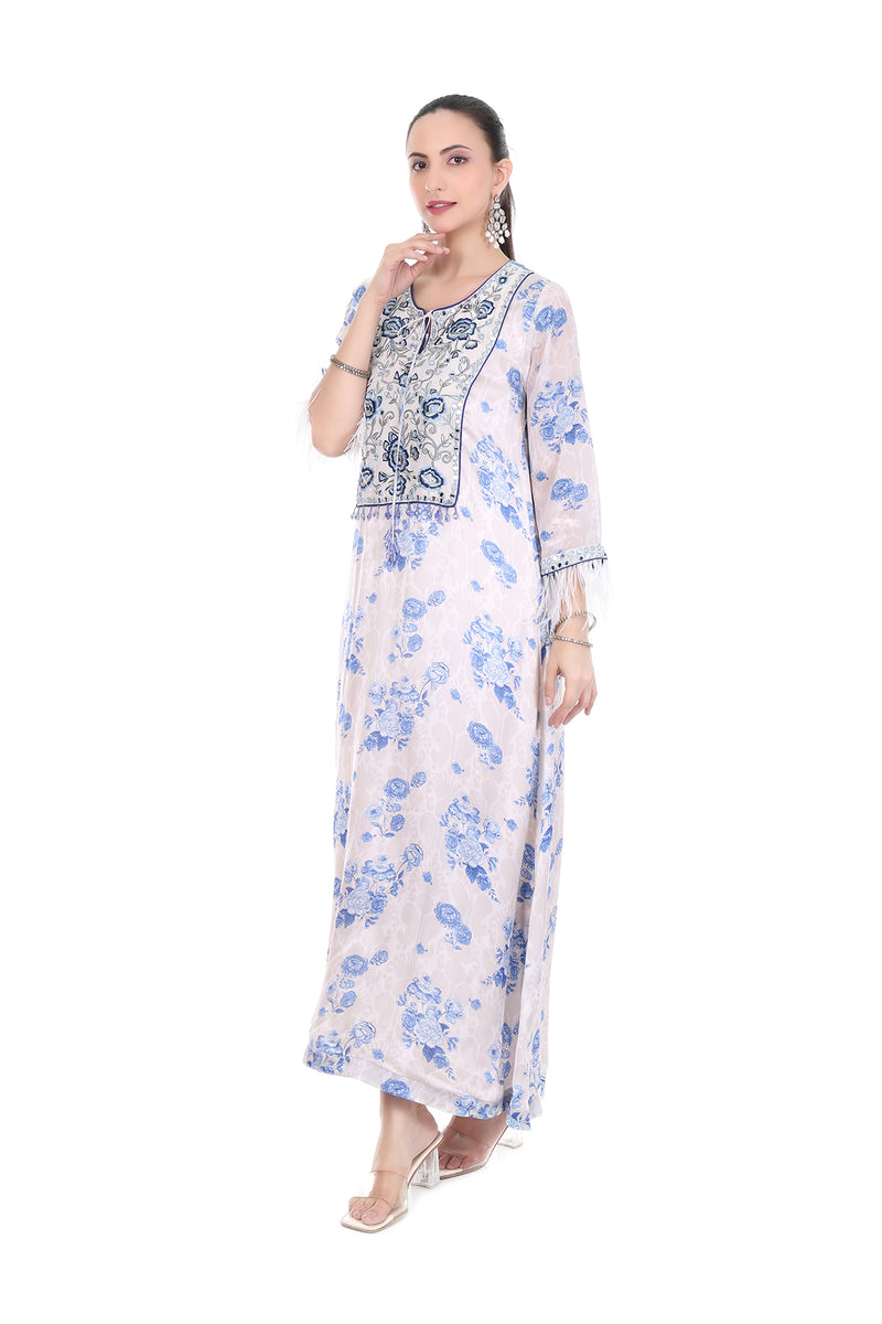 Blue White Floral Printed Embroidered Kaftaan with Pants Set