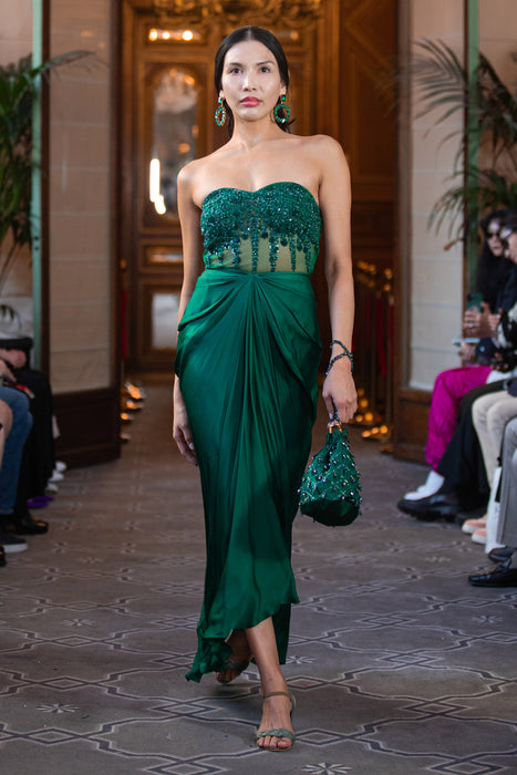 Green pre-draped gown