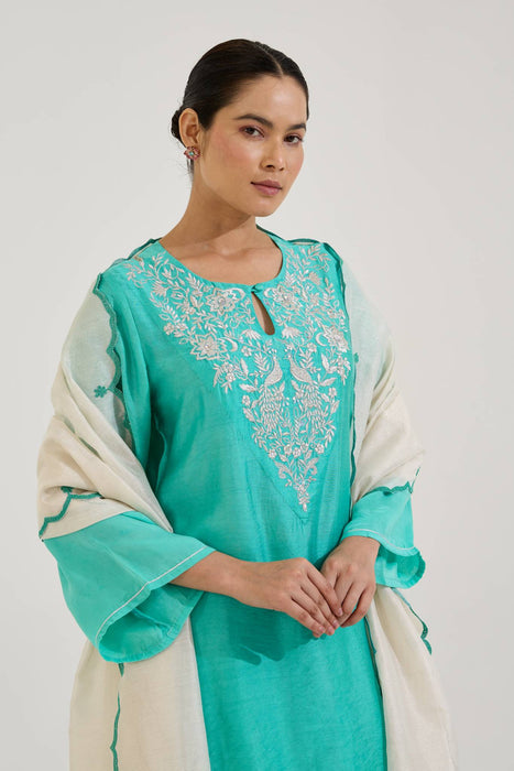 Aqua Green Zari Scallop Chanderi Stripe Dupatta
