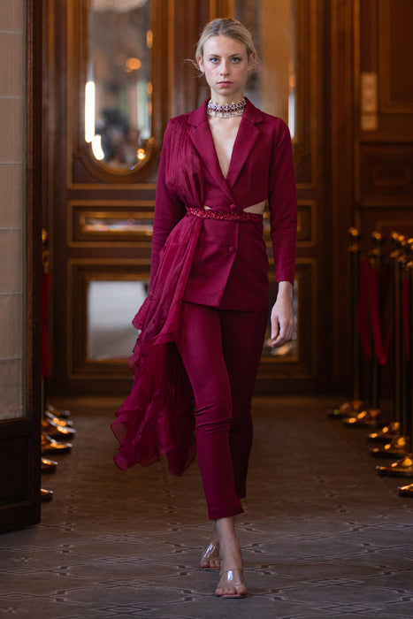 Maroon pantsuit with belt