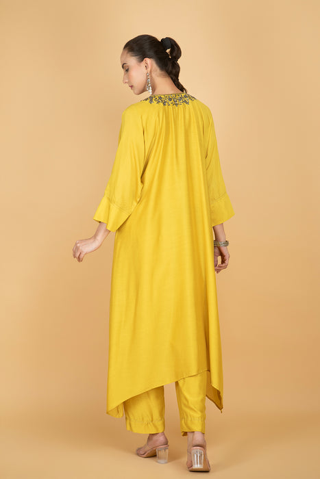 Lime Yellow Hand Embroidered Kaftaan Kurta W/Pants