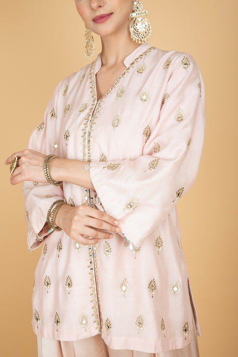 Nude Pink Mirror Butti Embroidered Short Kurta with Farsi Salwar & Printed Dupatta