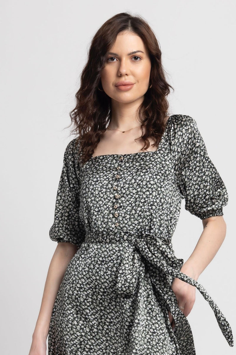 Noir Botanical Square Midi Dress
