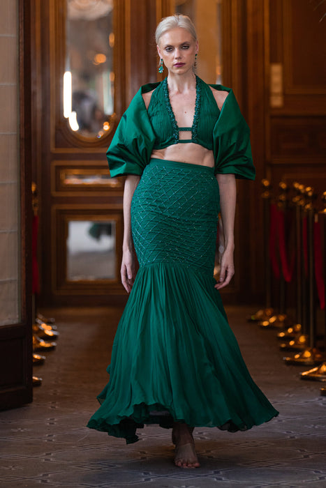 Green lehenga with blouse and pre-draped stole