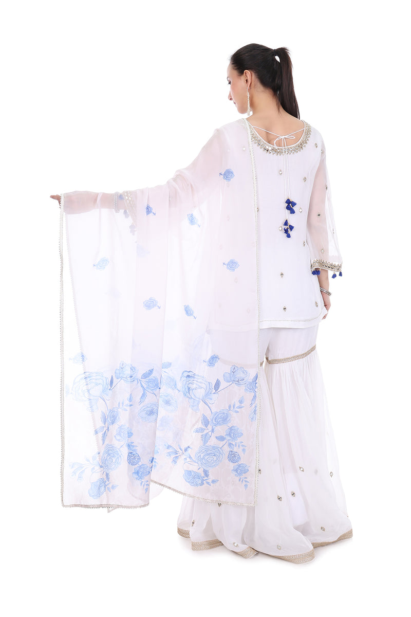 White Short Kurta Mirror Embroidered Sharara & Printed Dupatta