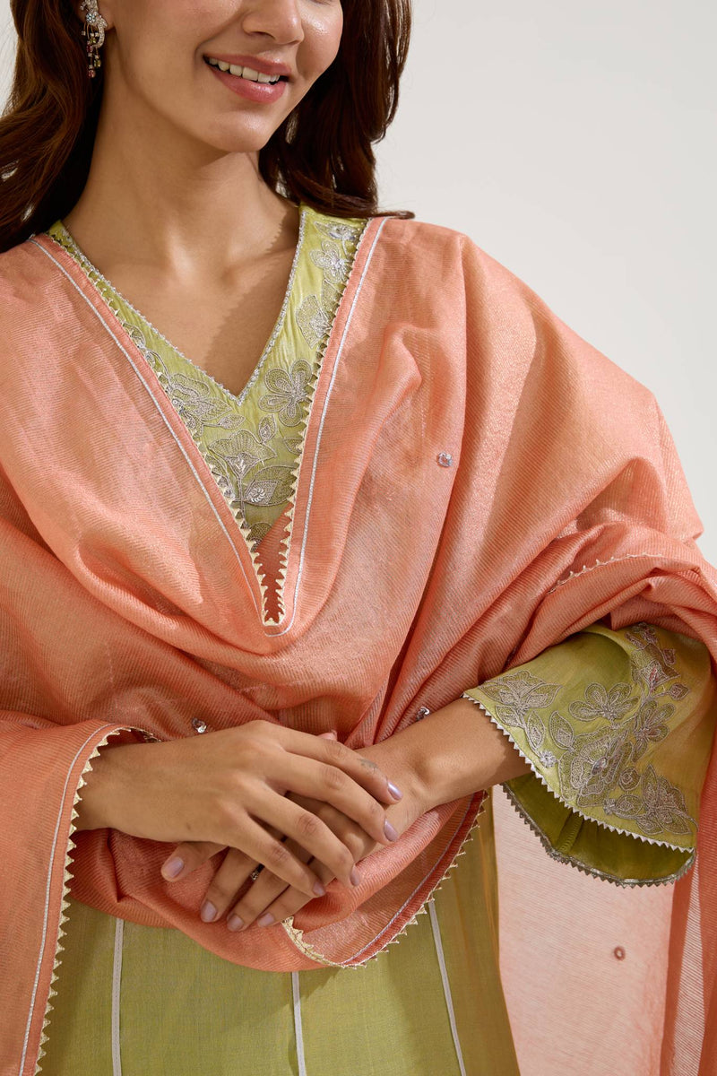 Pink Lime Sequins Floral Chanderi Stripe Dupatta