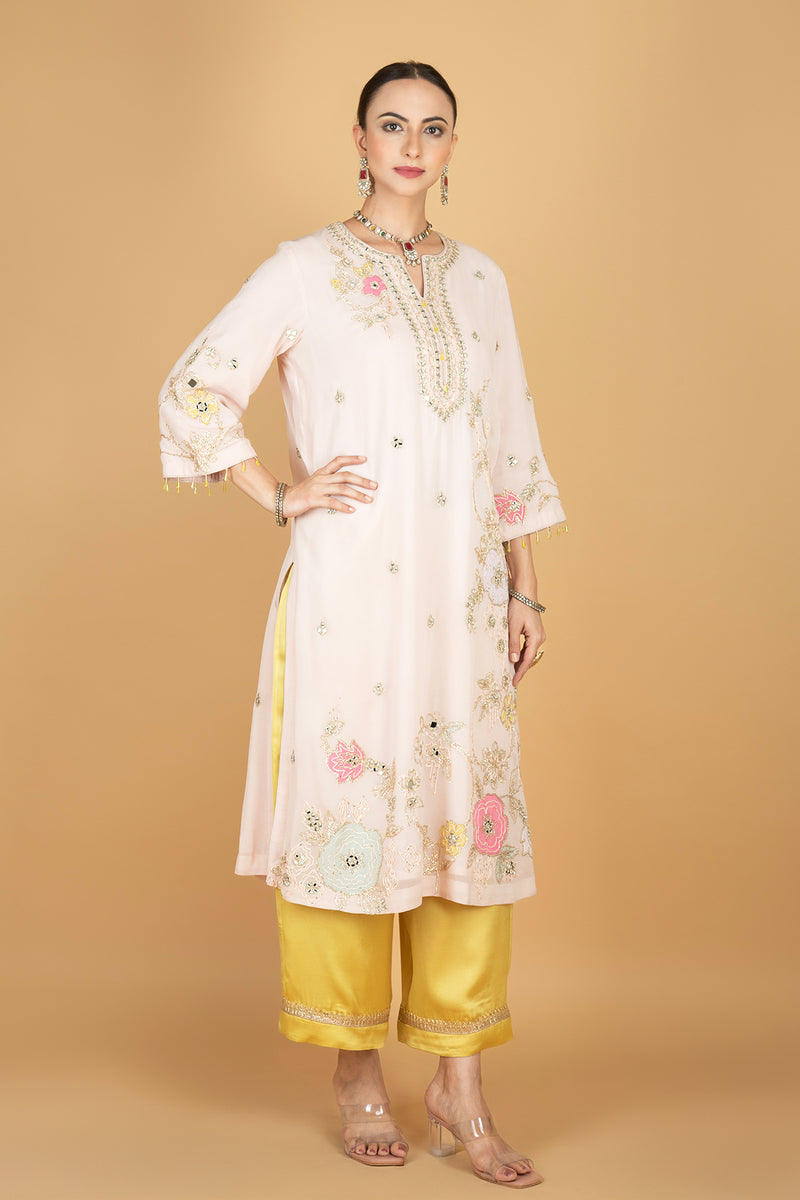 Ivory Embroidered Kurta W/Contrasting Pant & Shaded Dupatta