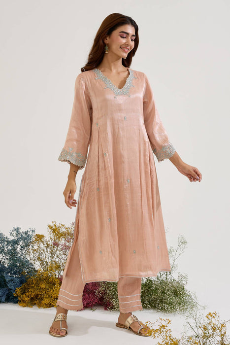 Pink Floral Zari Tissue Anarkali with Narrow Pants and Dupatta - Set of 3