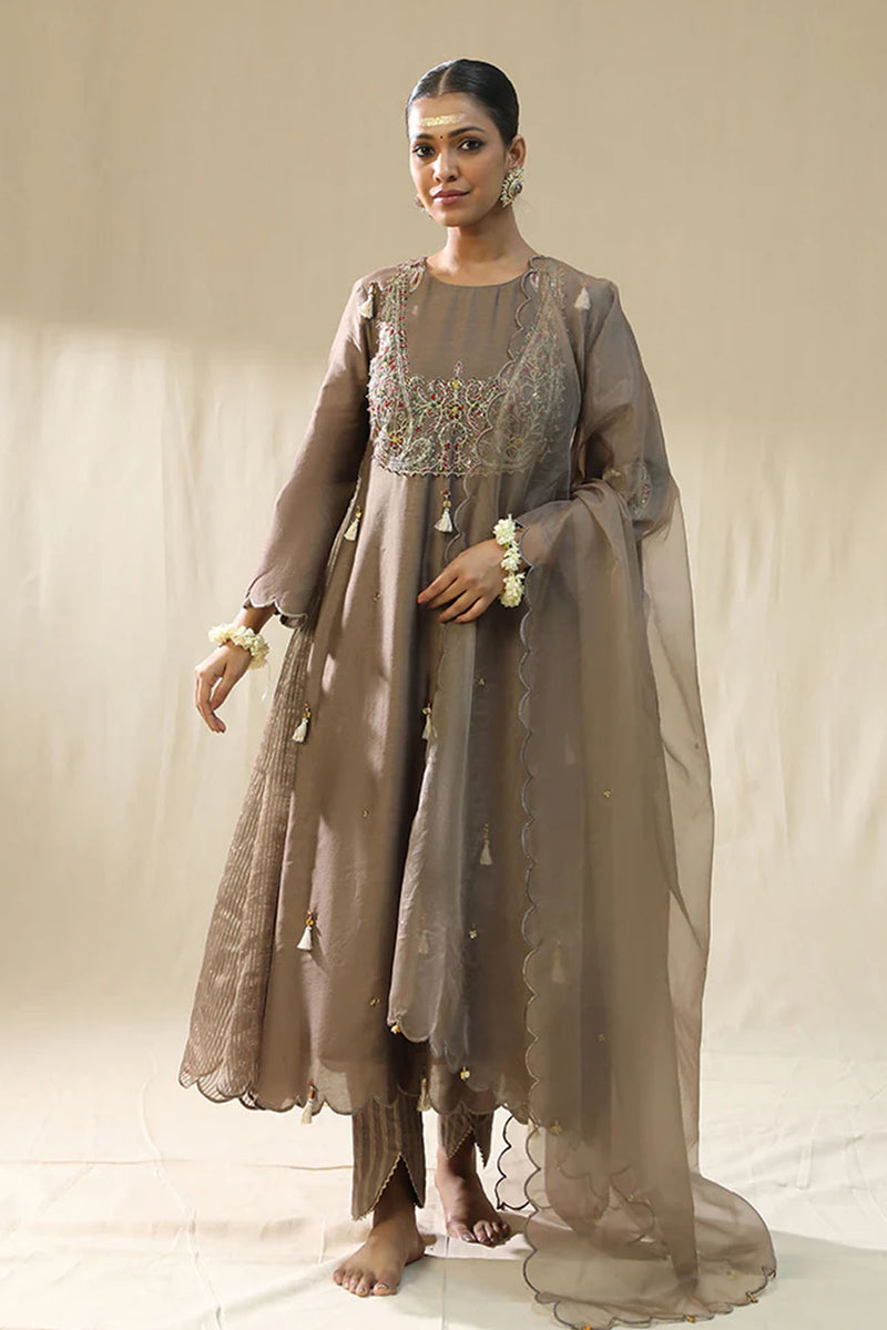 Mocha Ambi A Line Suit Set,Dori Zardozi Resham