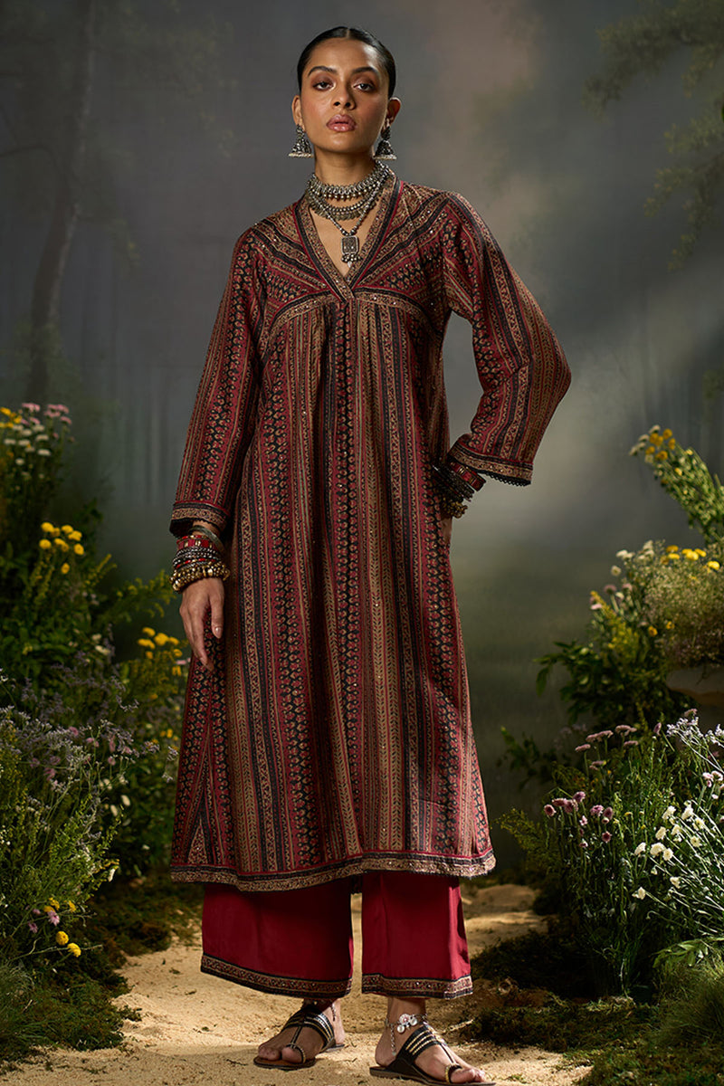 Deep Maroon and Black Silk Traditional Co-ord Set