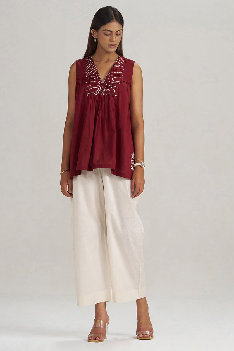 Maroon Embroidered Mul-Mul Tunic