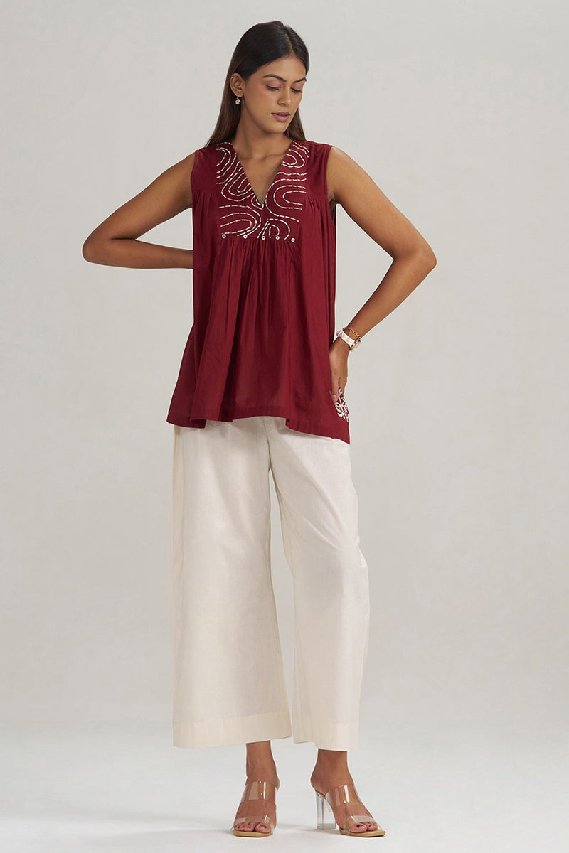 Maroon Embroidered Mul-Mul Tunic