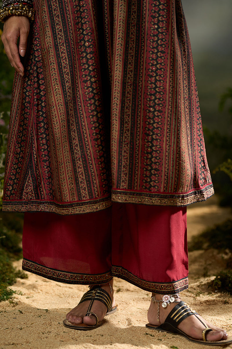 Deep Maroon and Black Silk Traditional Co-ord Set