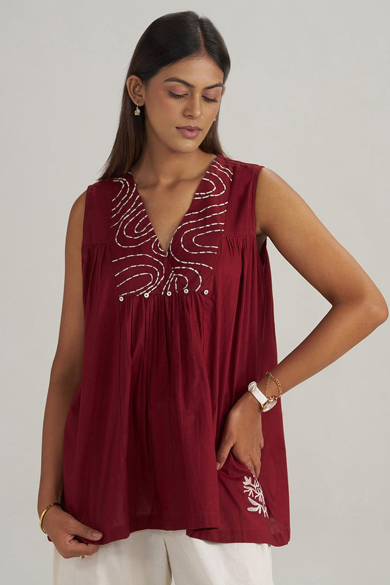 Maroon Embroidered Mul-Mul Tunic