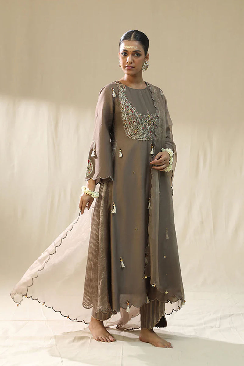 Mocha Ambi A Line Suit Set,Dori Zardozi Resham