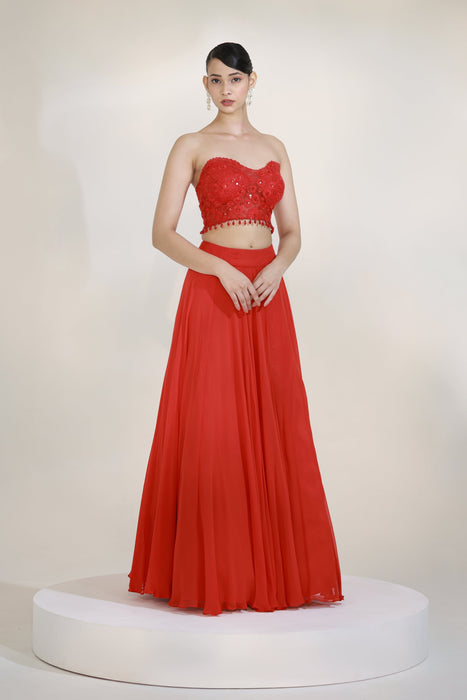 CRIMSON BUSTIER LEHENGA SET