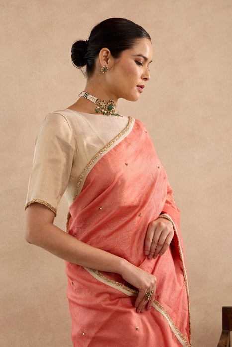 Red Gold Sequins Chanderi Stripe Saree with Tissue Blouse