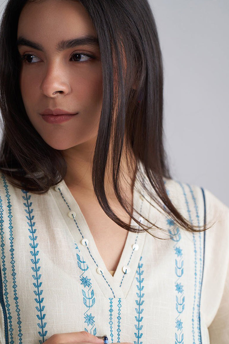 Ivory With Blue Cotton Linen Co-ord Set