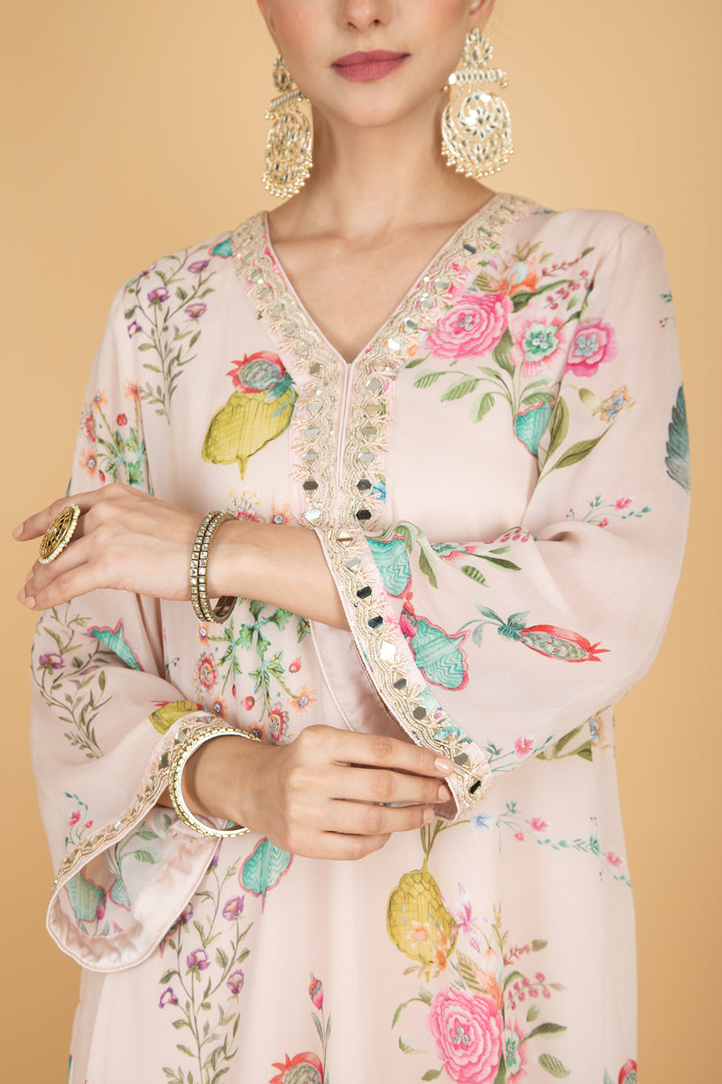 Nude Pink Floral Print Mirror Embroidered Kurta With Pants & Dupatta