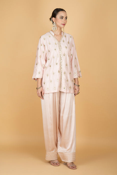 Nude Pink Mirror Butti Embroidered Short Kurta with Farsi Salwar & Printed Dupatta