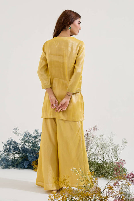 Old Yellow Charm Tissue Kurta with Sharara - Set of 2