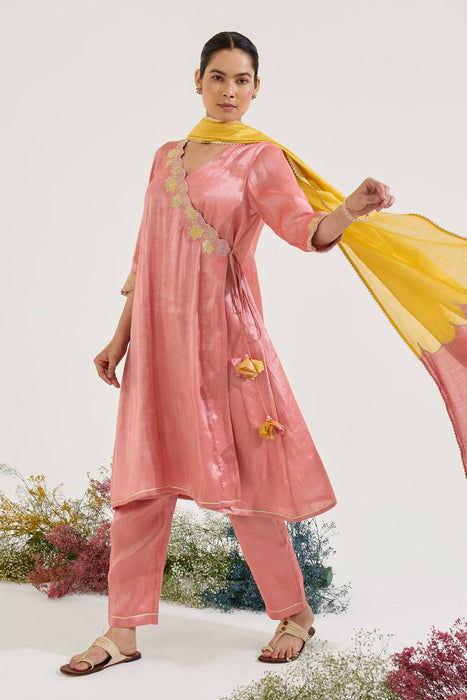 Carrot Floral Zari Tissue Angrakha with Narrow Pants and Dupatta - Set of 3