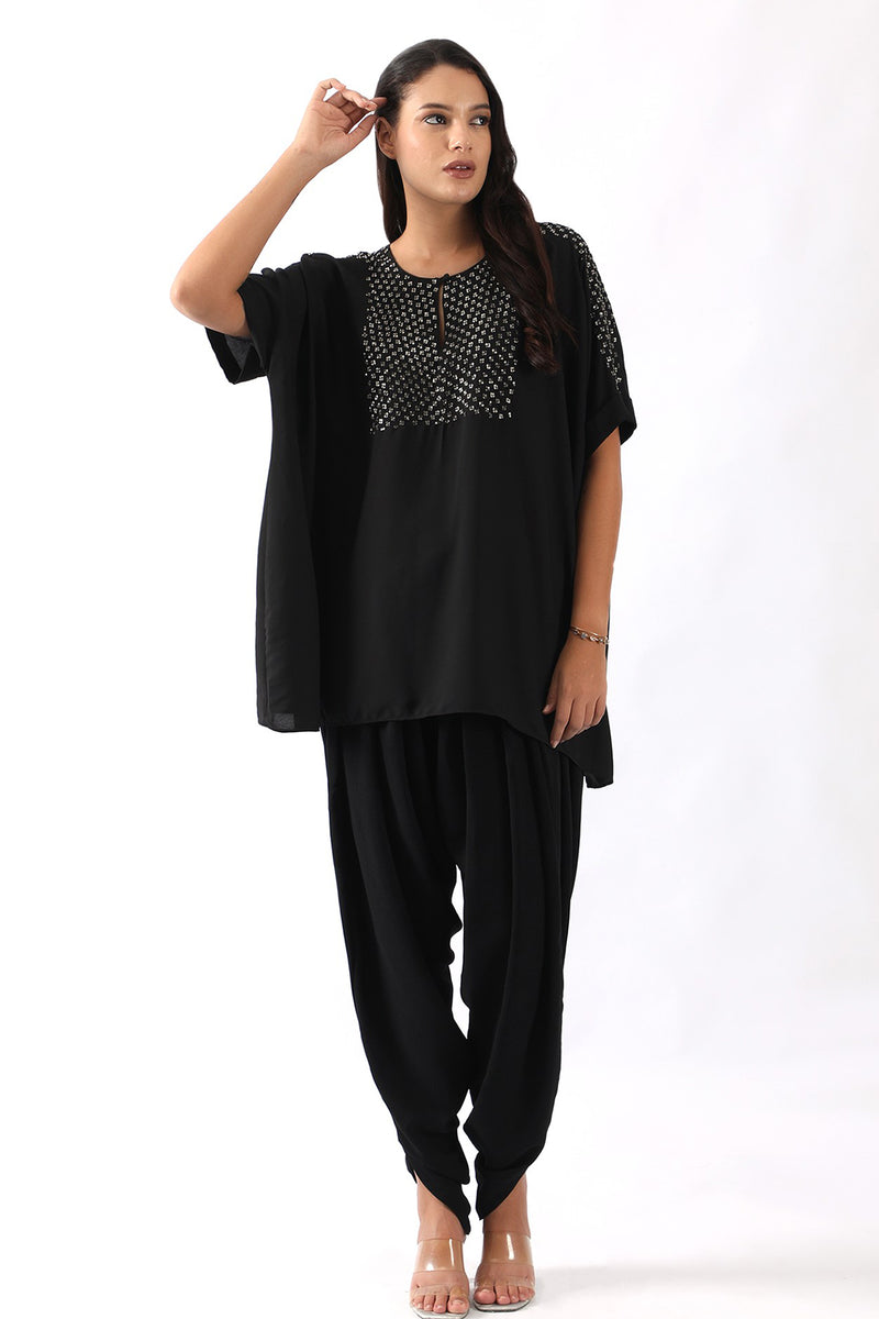Black shoulder embroidered kaftan with dhoti
