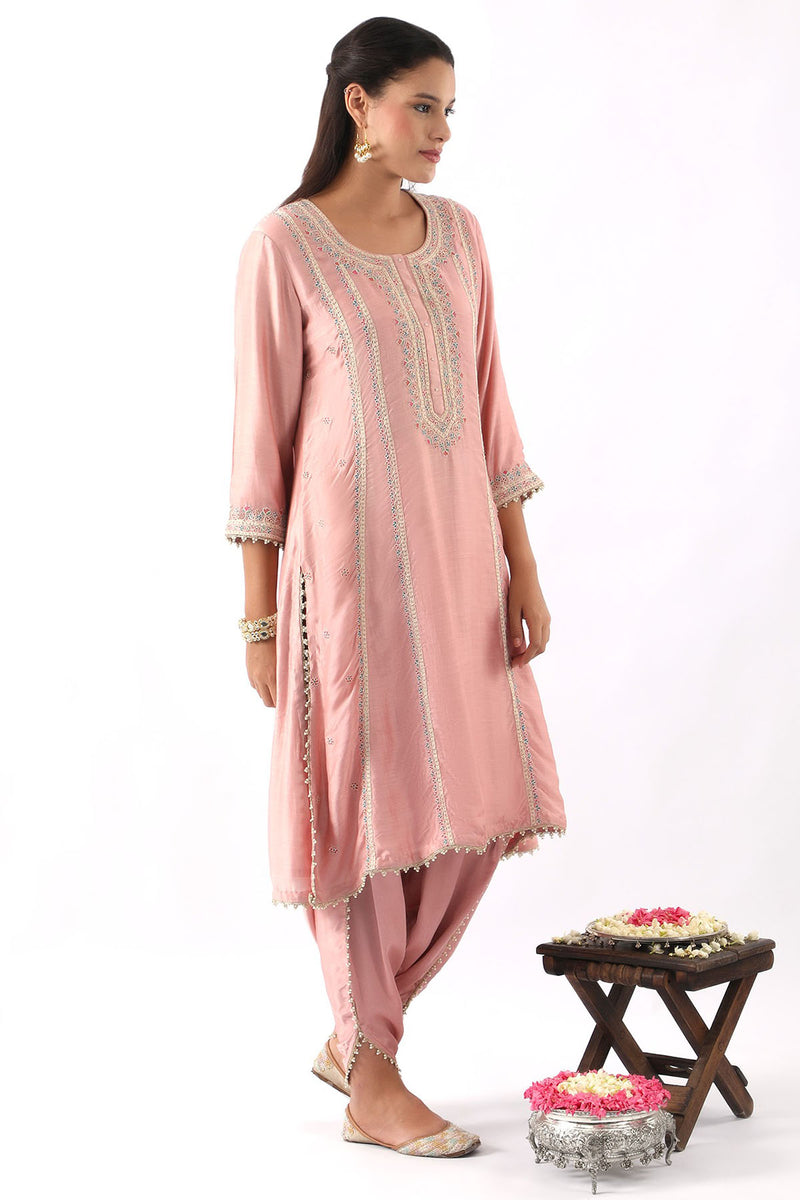 Pink Embroidered A-Line Kurta & Dhoti Set