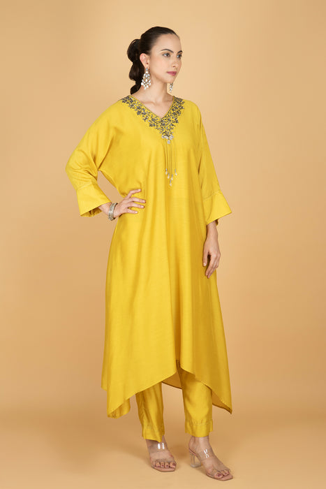 Lime Yellow Hand Embroidered Kaftaan Kurta W/Pants