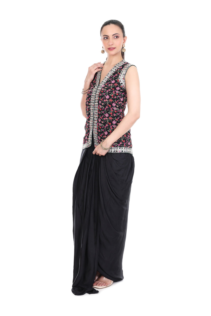 Black Mirror Embroidered Floral Print Jacket with Drape Skirt