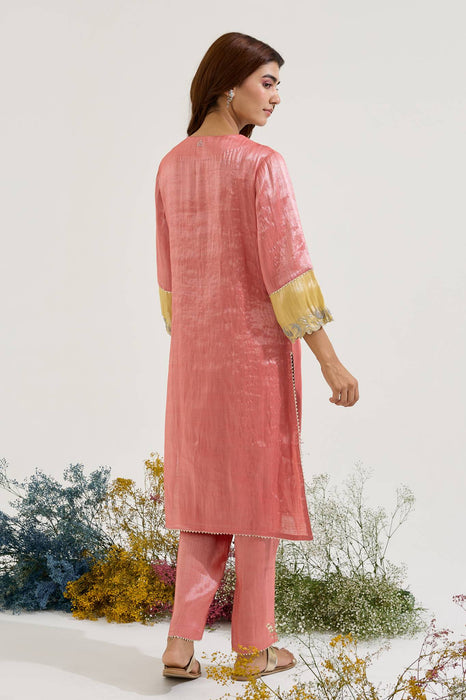 Red Lotus Applique Tissue Kurta with Narrow Pants and Dupatta - Set of 3