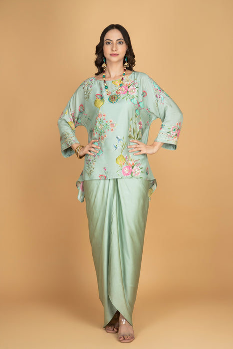 Green Printed Embroidered High Low Top W/Drape Skirt