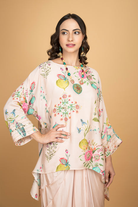 Nude Pink Printed Embroidered High Low Top W/Drape Skirt