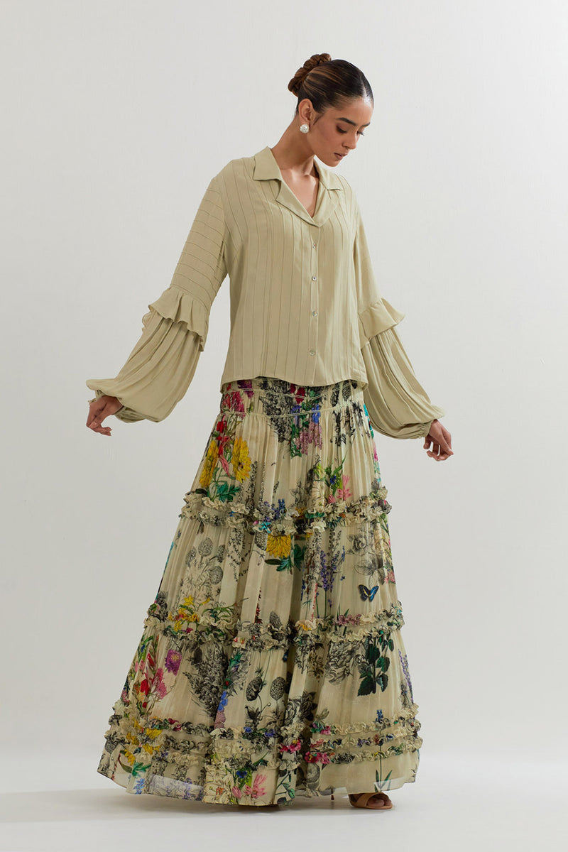 BOTANICAL PRINTED SKIRT WITH RUFFLE SHIRT