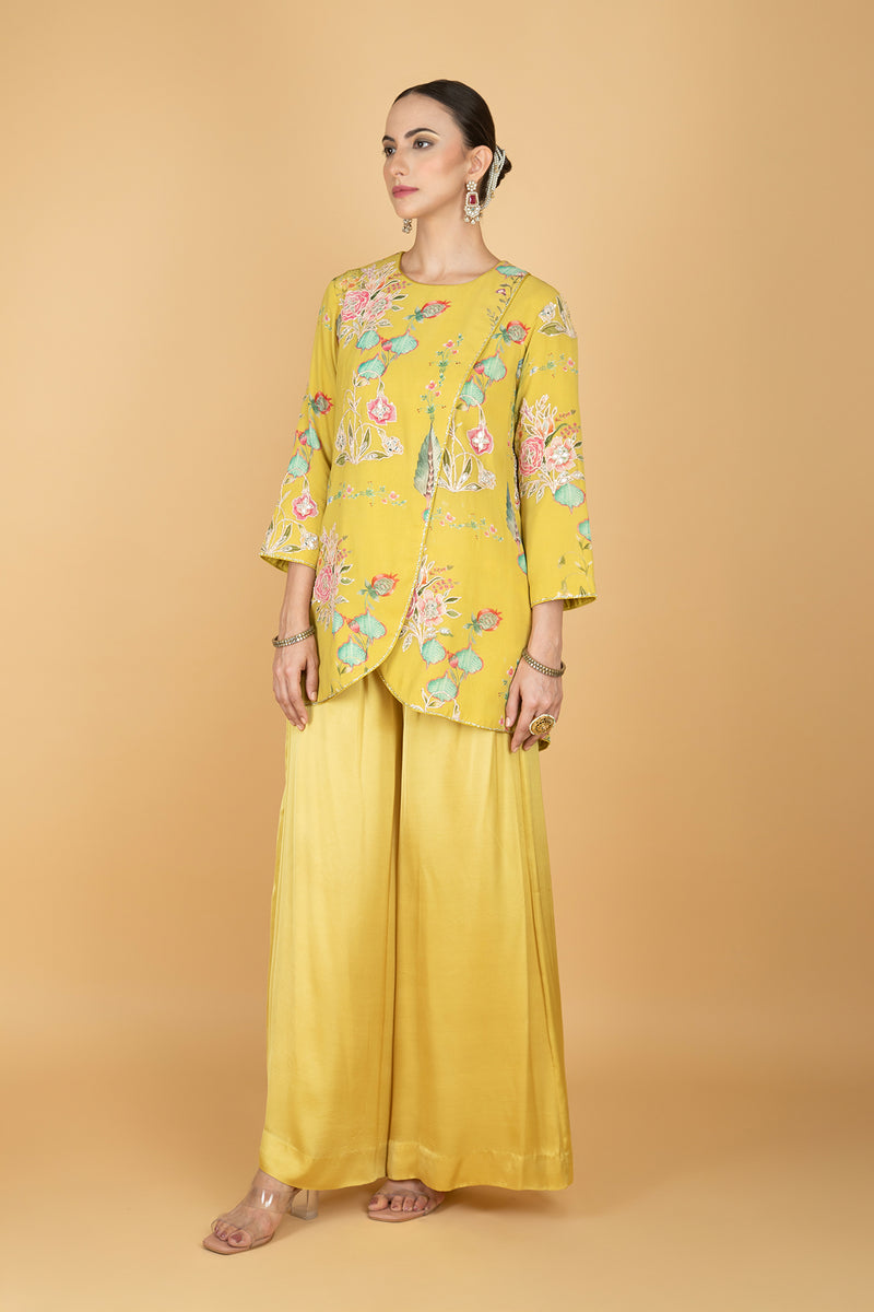 Lemon Yellow Floral Print Embroidered Overlay Top  W/Pants