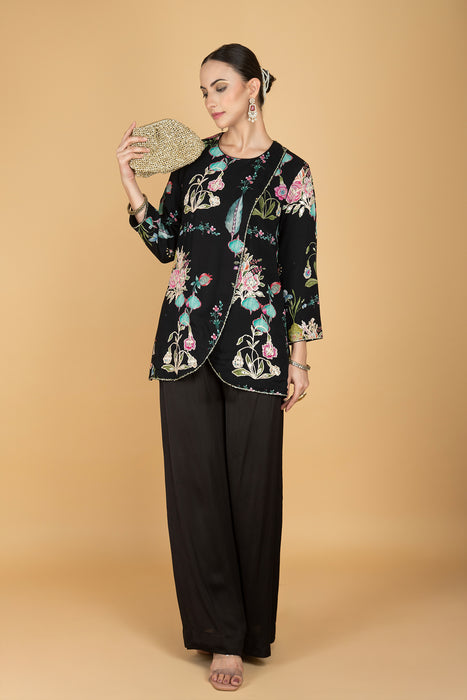 Black Floral Print Embroidered Overlay Top With Pants