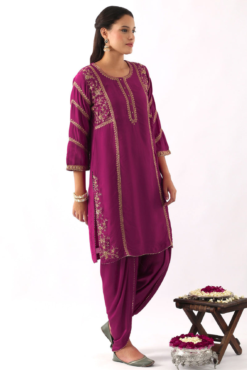 Magenta Pink Dori Embroidered Kurta & Dhoti Set