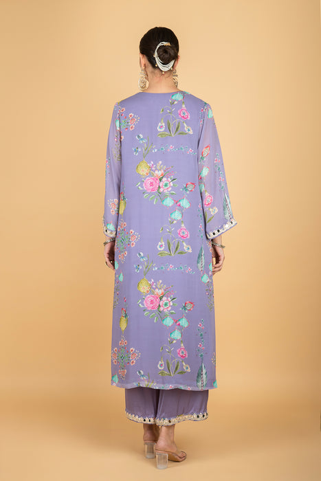 Purple Floral Print Mirror Embroiderd Kurta With Pants & Dupatta