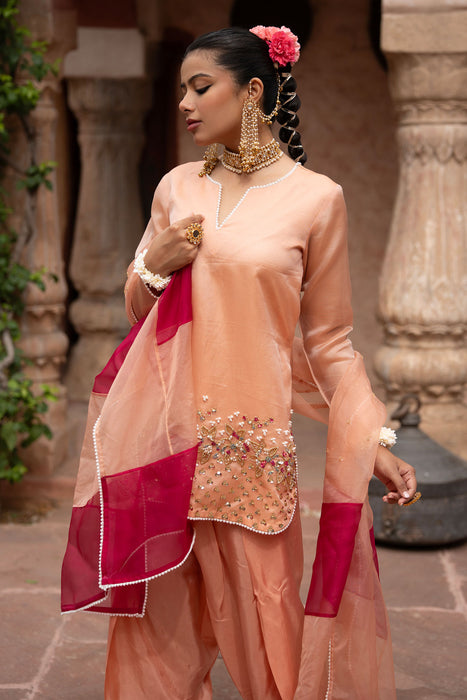 Peach Pink Hand-Embroidered Farshi Set