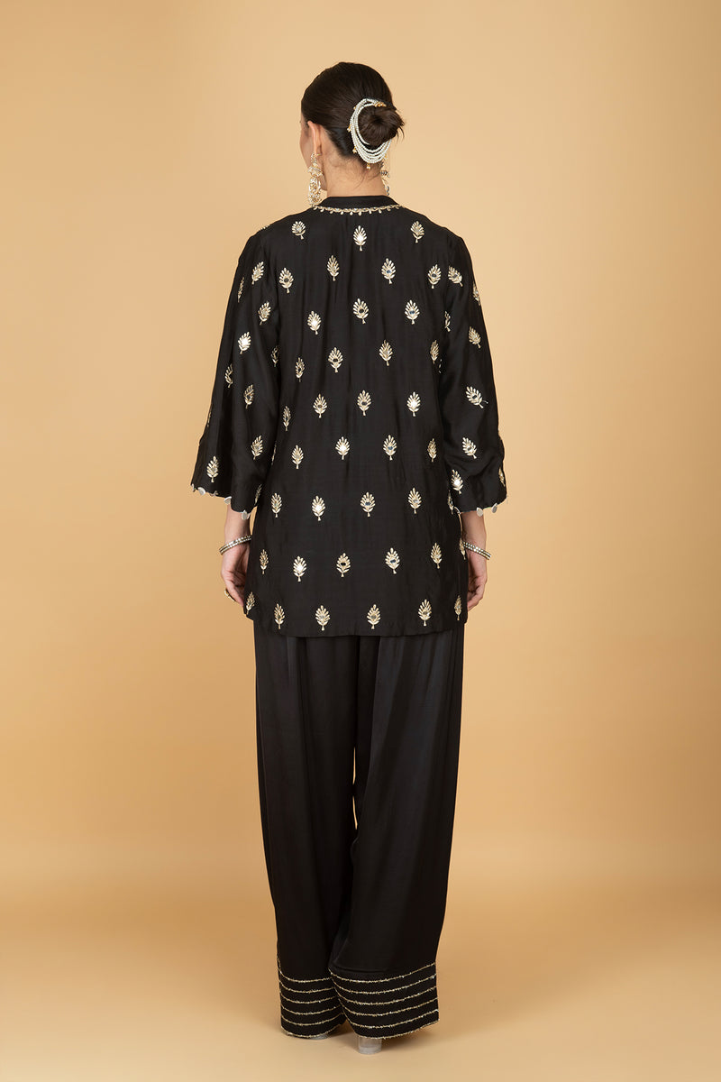 Black Mirror Butti Embroidered Short Kurta with Farsi Salwar & Printed Dupatta